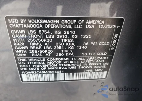 2021 Volkswagen Atlas Se z USA, uszkodzony, nr VIN 1V2WR2CA6MC555084